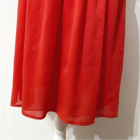 The KOOPLES CARDINAL RED SPAGHETTI STRAPS PLEATED FLOWY MINI CHIFFON DRESS - XS - Picture 7 of 10